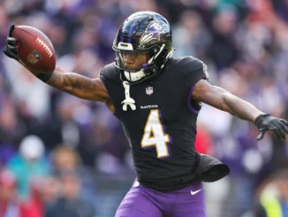 Ravens' Zay Flowers fumbles near the end zone after being flagged for taunting in the AFC title game