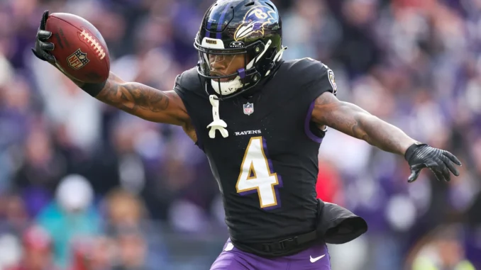 Ravens' Zay Flowers fumbles near the end zone after being flagged for taunting in the AFC title game