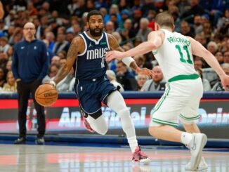 A haunting spin on Kyrie Irving's trampling on the Celtics logo is the Mavericks.