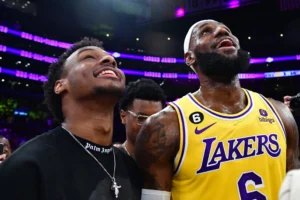 Bronny James flops during the Lakers' Summer League game.